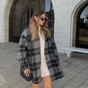 H&M Felted Shacket Shirt Jacket Blue Plaid New